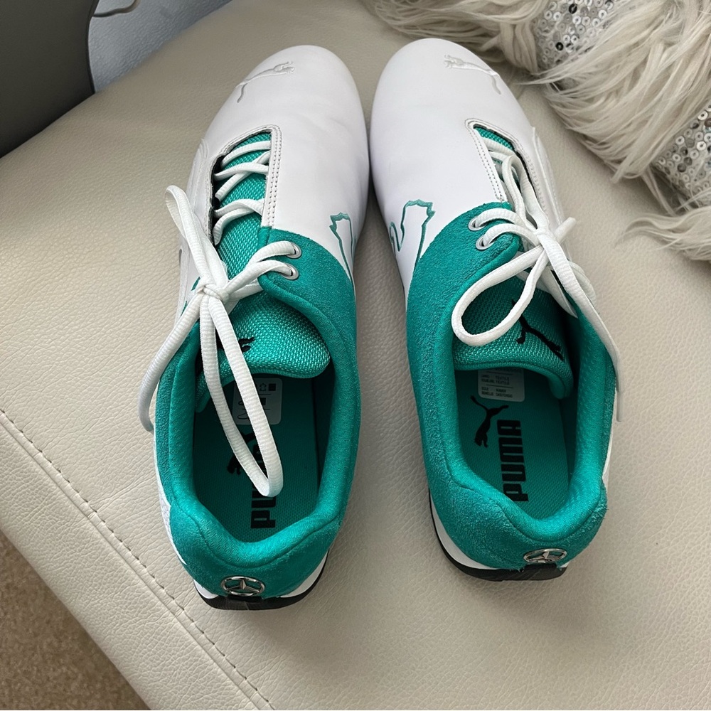 Puma Mercedes AMG Petronas Formula One Tesm shoes white and green, size 10 Men.